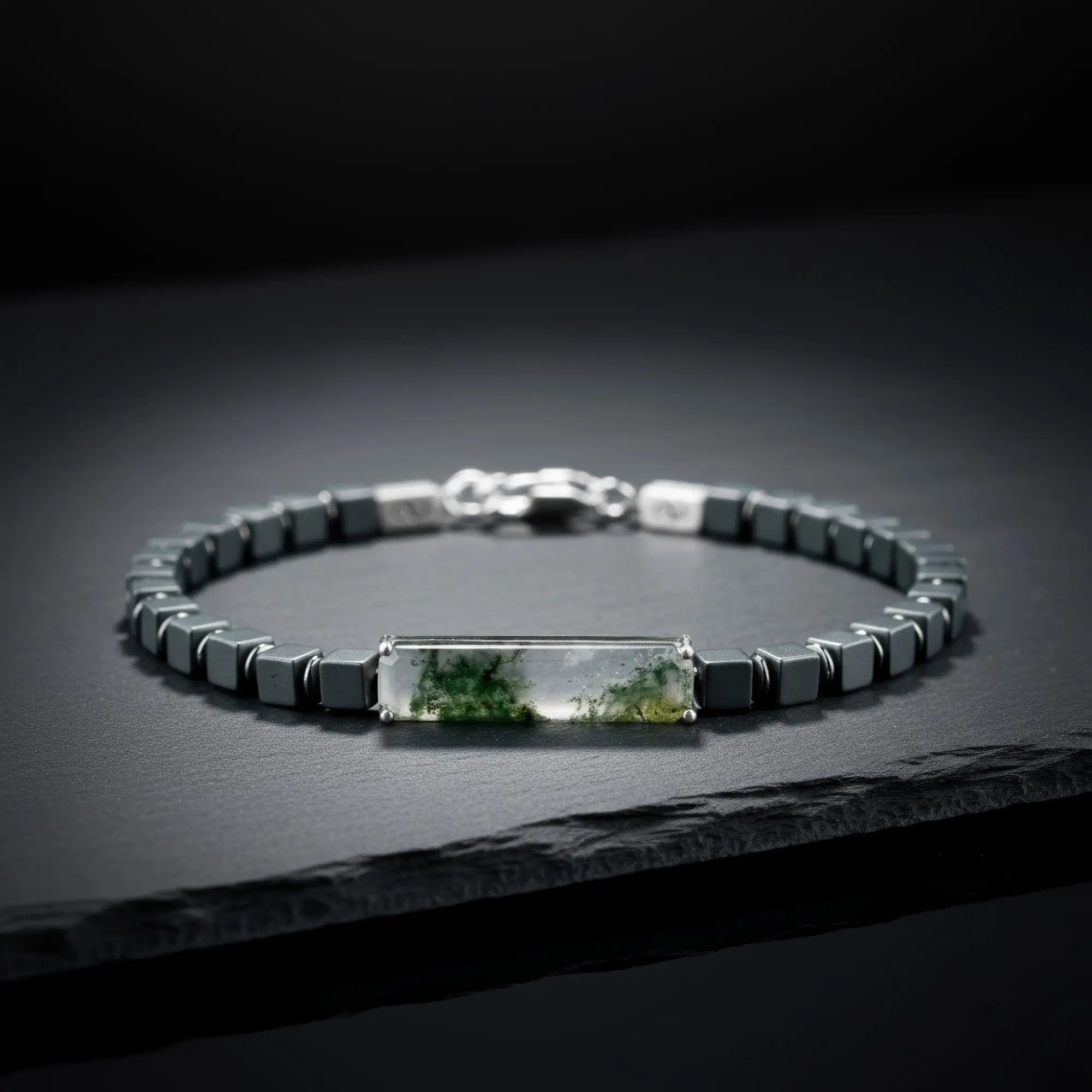 Moss Agate - Hematite Cube Bracelet I (4-6mm)