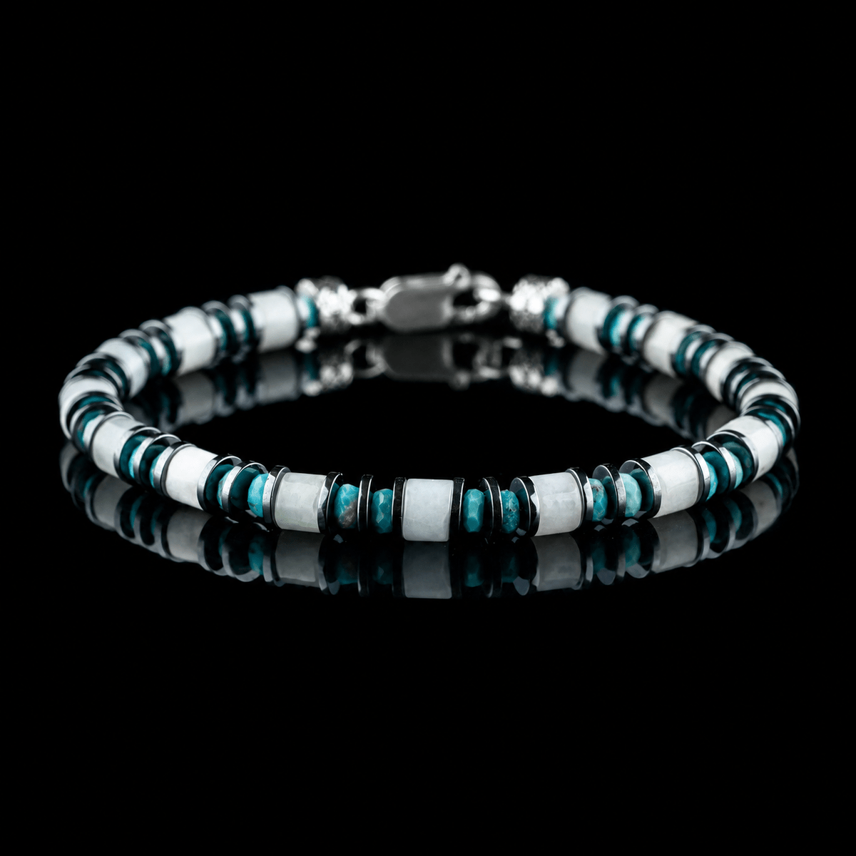 Burmese Jade - Turquoise Bracelet I, front view with pale jade, blue turquoise and hematite spacers