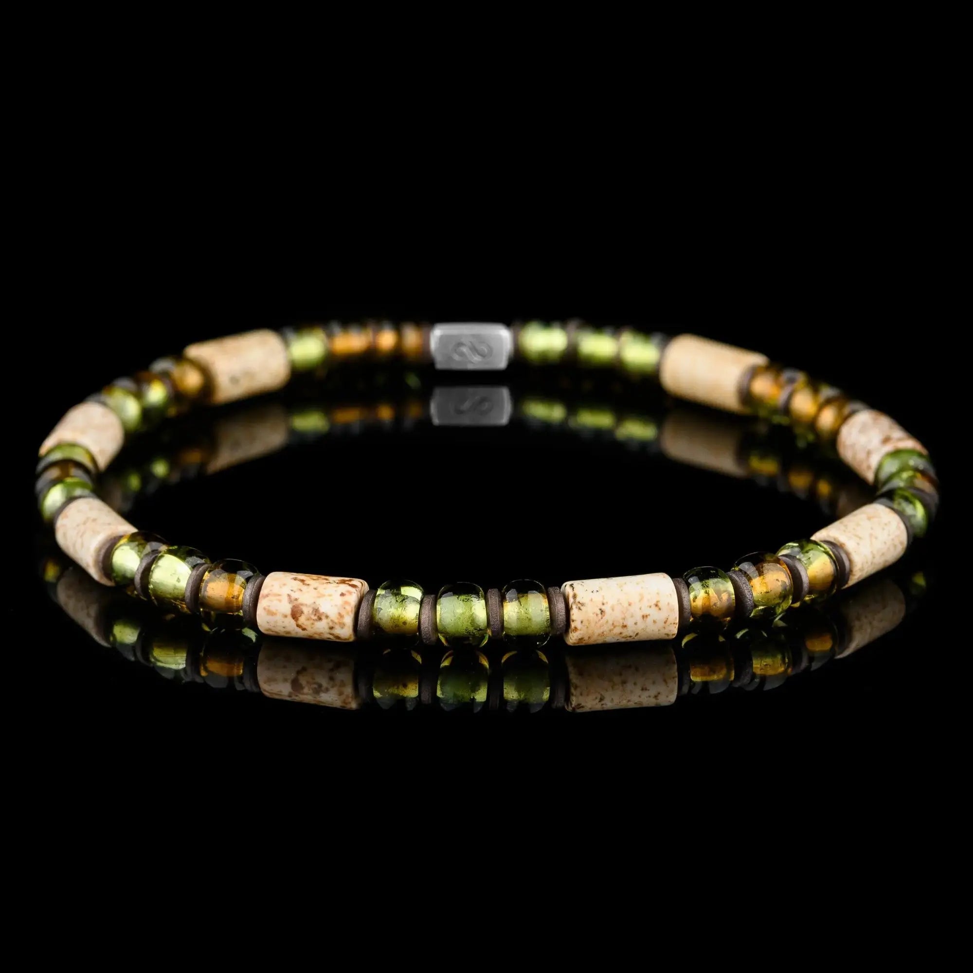 A green and beige Landscape Jasper bracelet with 925 Sterling Silver beads, displayed against a black background.