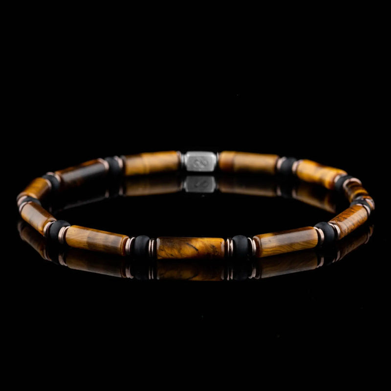 Tiger eye bracelet for men. 4mm Parvus design with golden tiger eye tube beads, matte black hematite, and copper accents. Aurum Brothers.