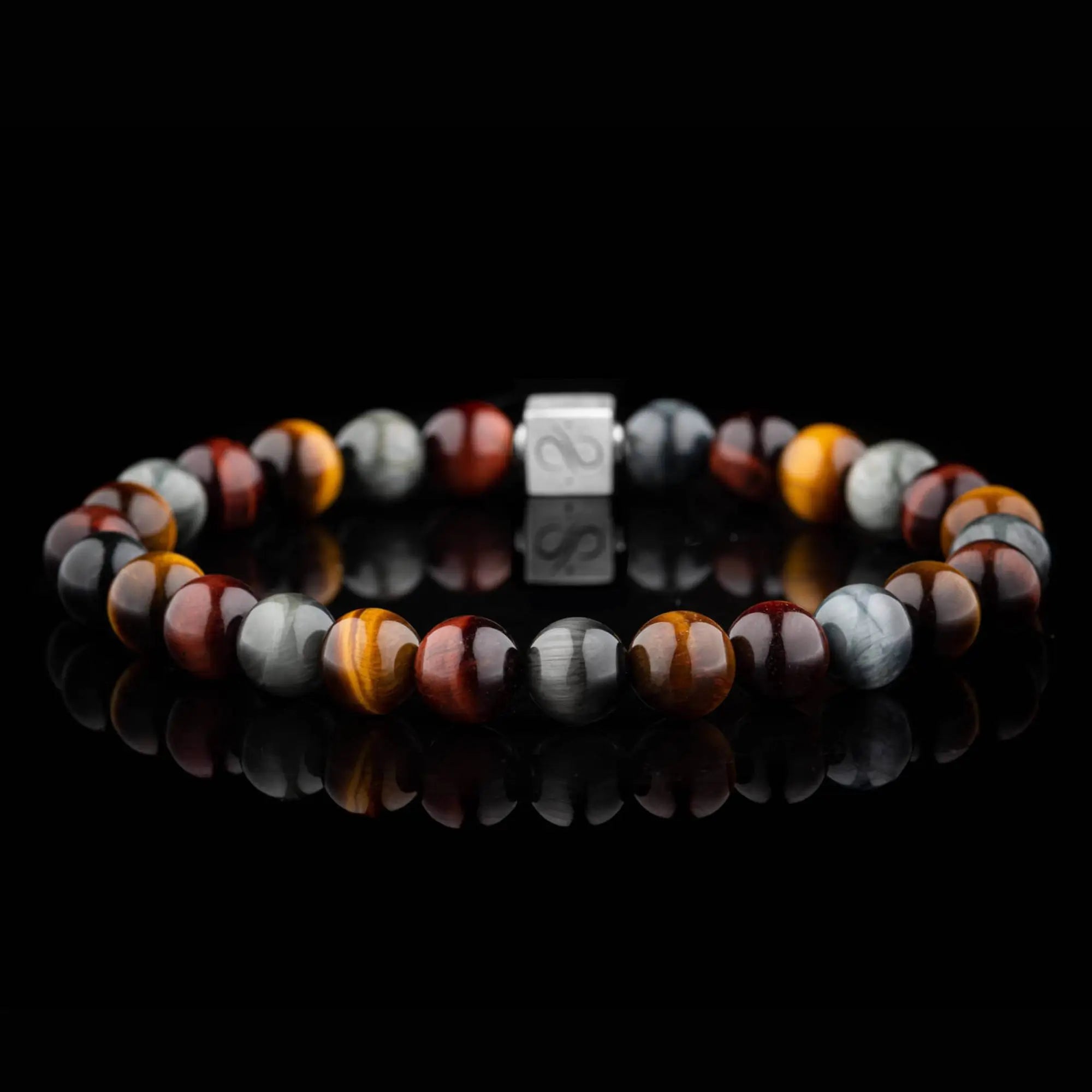 Tiger eye bracelet for men. 8mm Brown, Red, and Grey Eagle Eye beads with Aurum Brothers silver bead. Aurum Brothers.