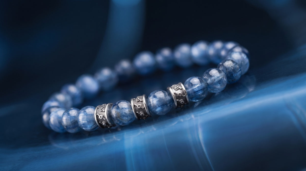 Blue gemstone bracelet with metal accents, showing the color and texture of the stones