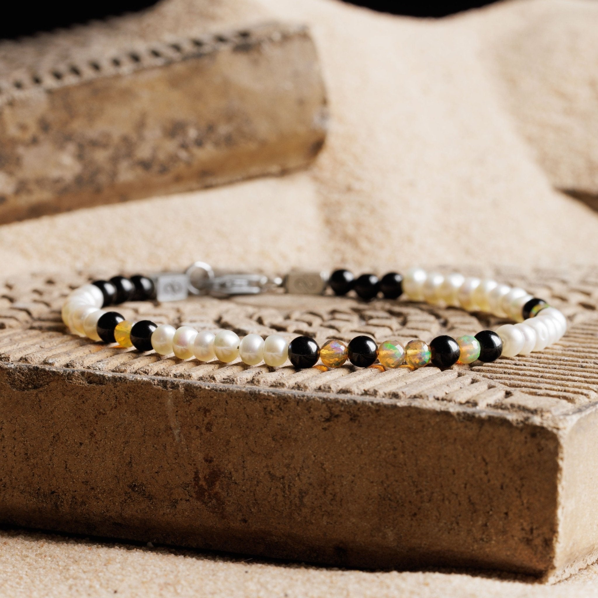 Golden Ethiopian Opal-White Pearl-Black Tourmaline Bracelet I (3.5-4.5mm)