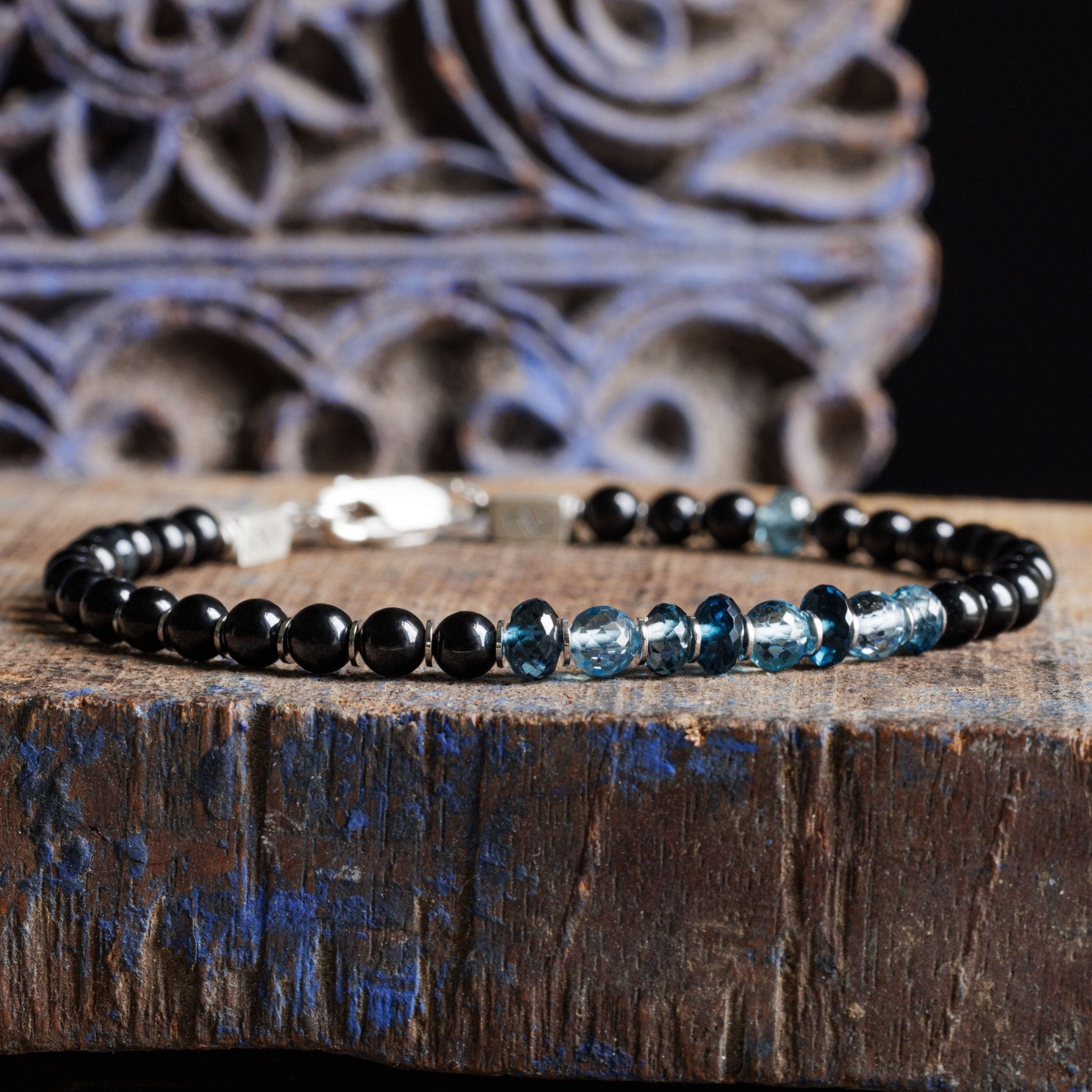 London & Swiss Blue Topaz - Black Tourmaline Bracelet III (3.5-5mm)