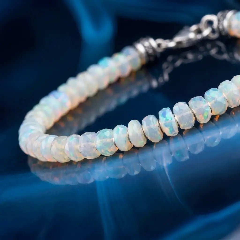 Ethiopian Opal XII — Opal stones and clasp on blue fabric