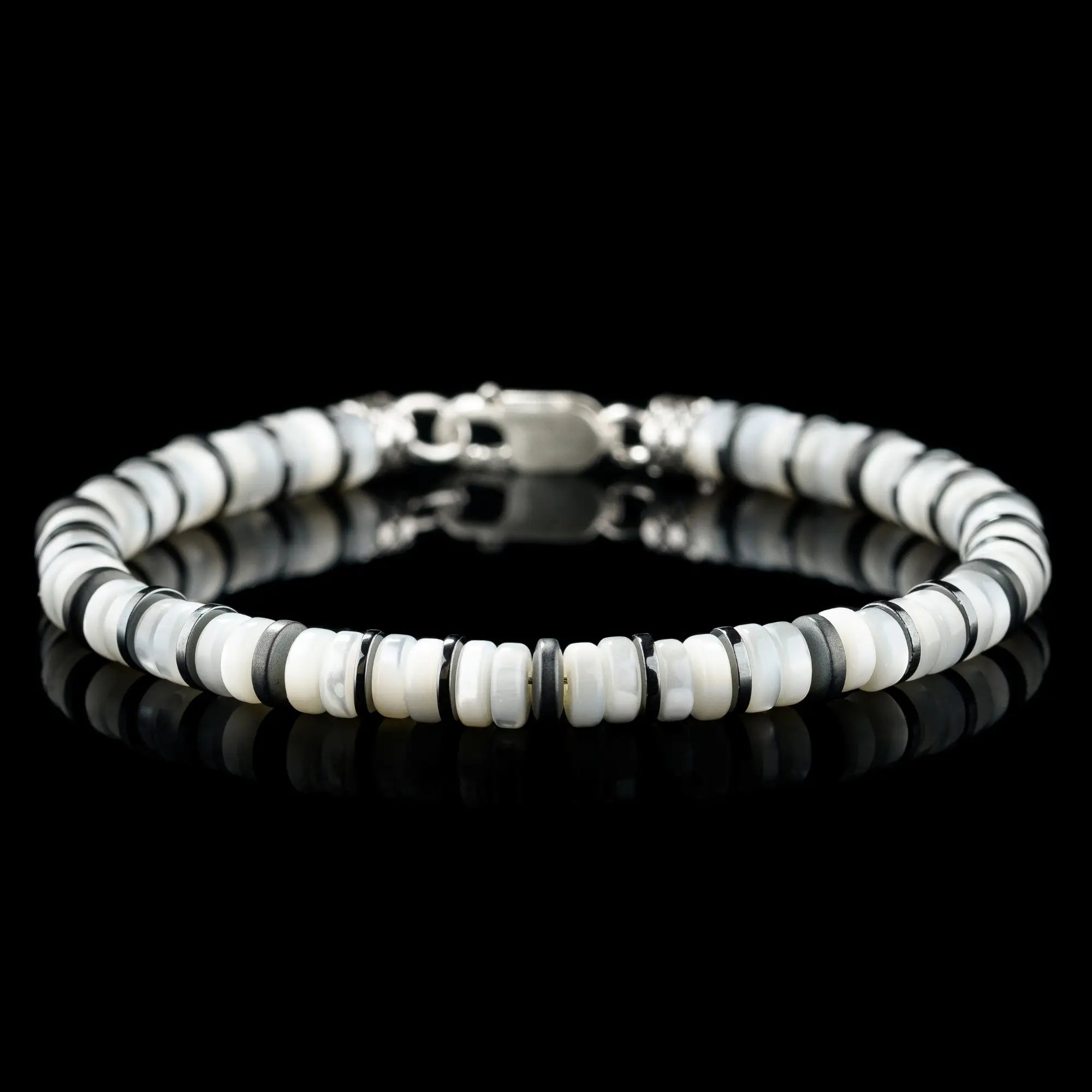 Mother of pearl bracelet for men. 6mm iridescent nacre beads. Aurum Brothers.