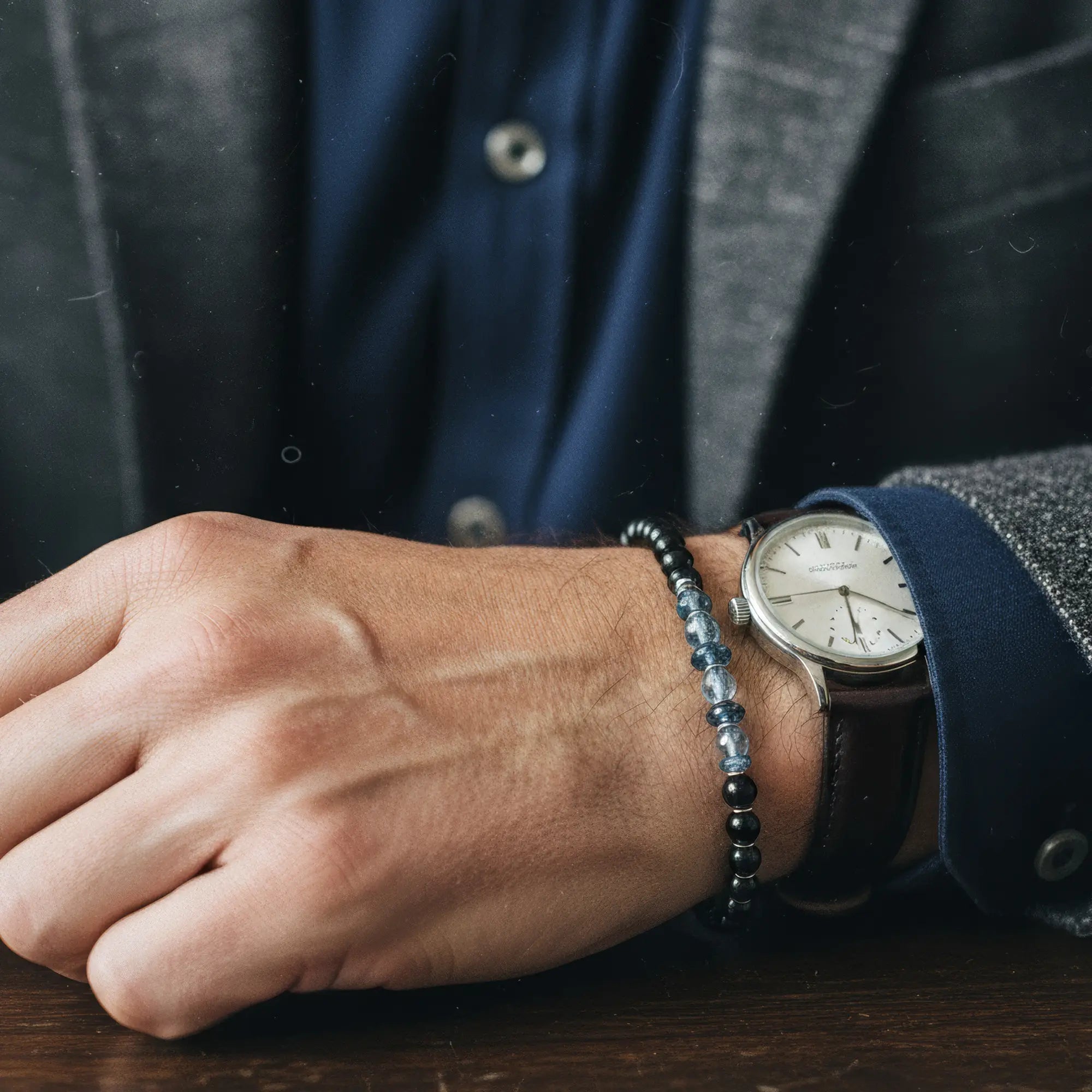 London & Swiss Blue Topaz - Black Tourmaline Bracelet III (3.5-5mm)