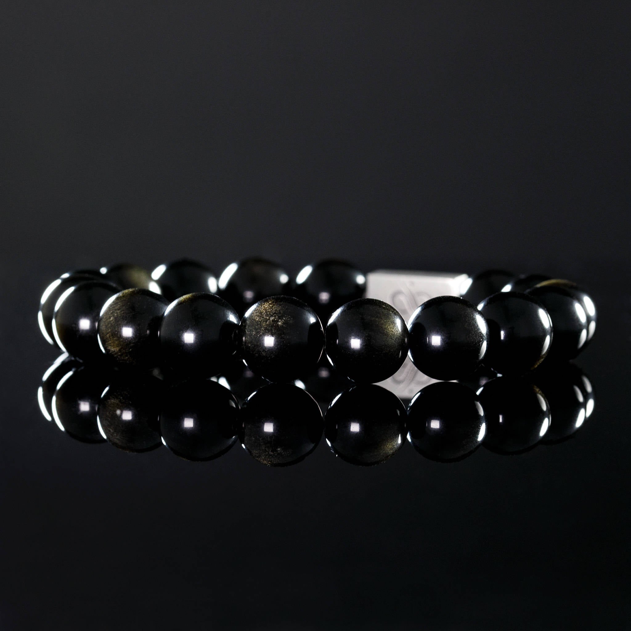 Classic Gold Sheen Obsidian, 12mm, Silver bracelet (6837639741494)