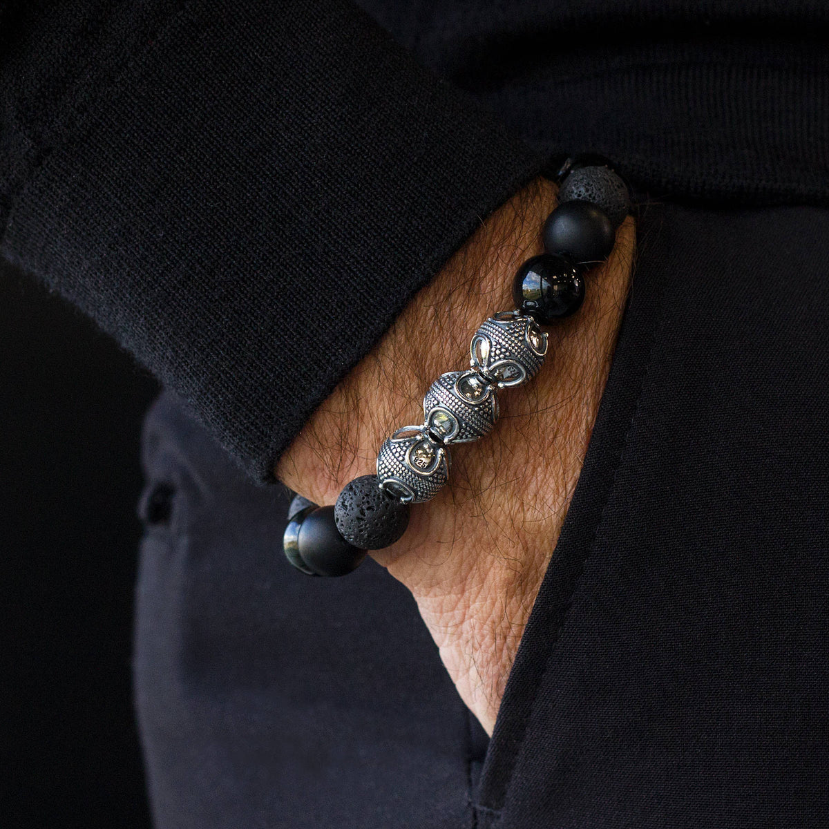 Premium Black Mixed, 12mm, Silver bracelet (1916593537078)