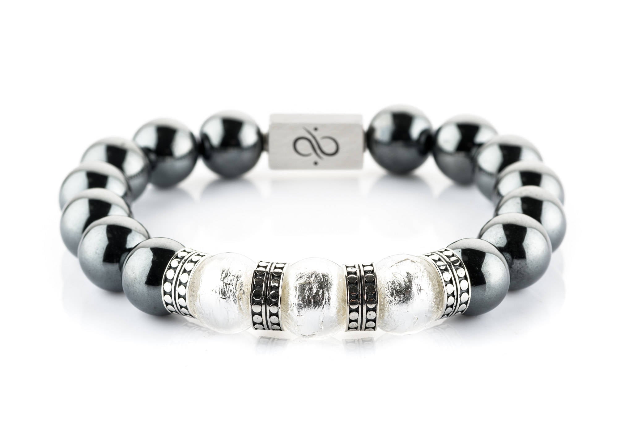 Premium Particolare White - Hematite, 12mm, Silver bracelet (6542945222710)