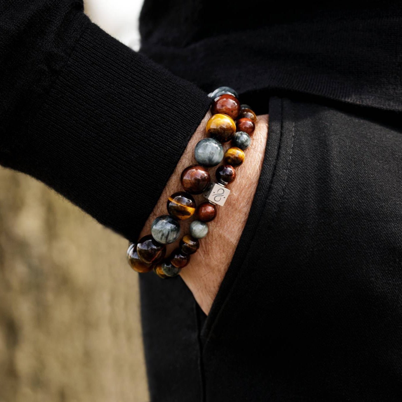 Tiger eye bracelet for men worn on wrist. 12mm Classic trio. Aurum Brothers.
